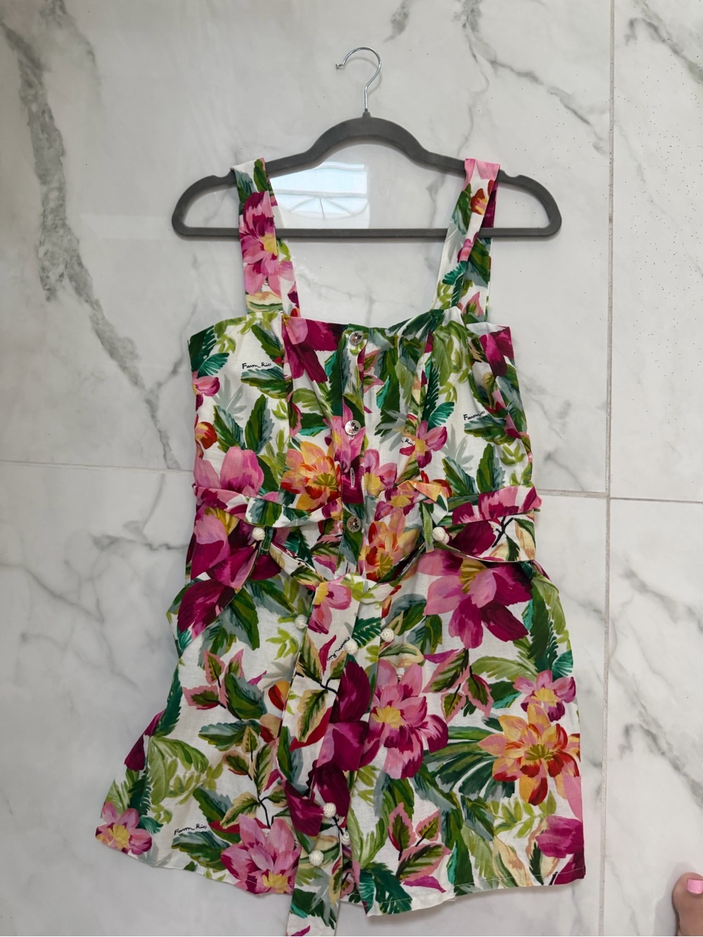 FARM Rio White Floral Jumpsuit with Green and Pink Accents worn once - Picture 2 of 8